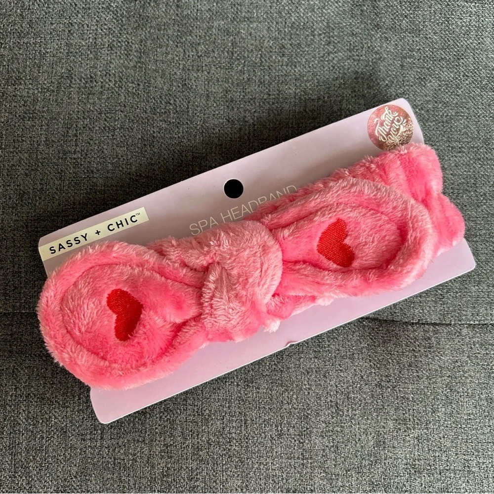 Soft, Fuzzy Spa Headband with Hearts, Elasticized, Pink, Red